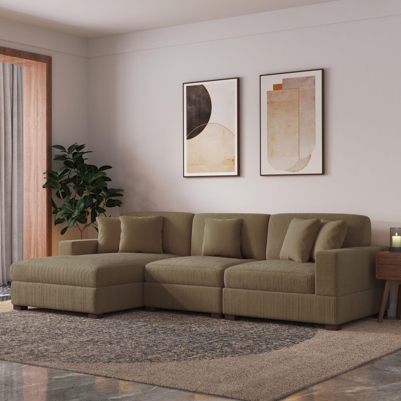 Milbrey 3-Piece Corduroy Modular Sectional with Loose Back, Left Hand Facing, Camel Corduroy