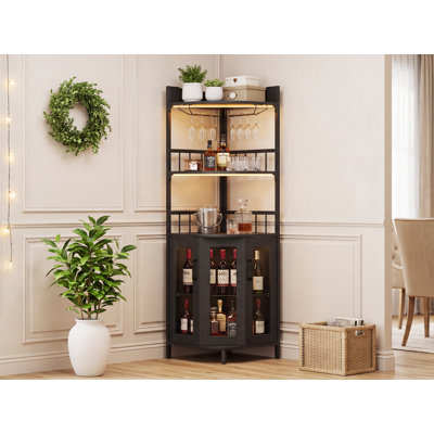 Corner Bar Cabinet Charging Station & LED Lights, Rustic Farmhouse Liquor Storage Wine Rack & Glass Holder, Black by 17 Stories