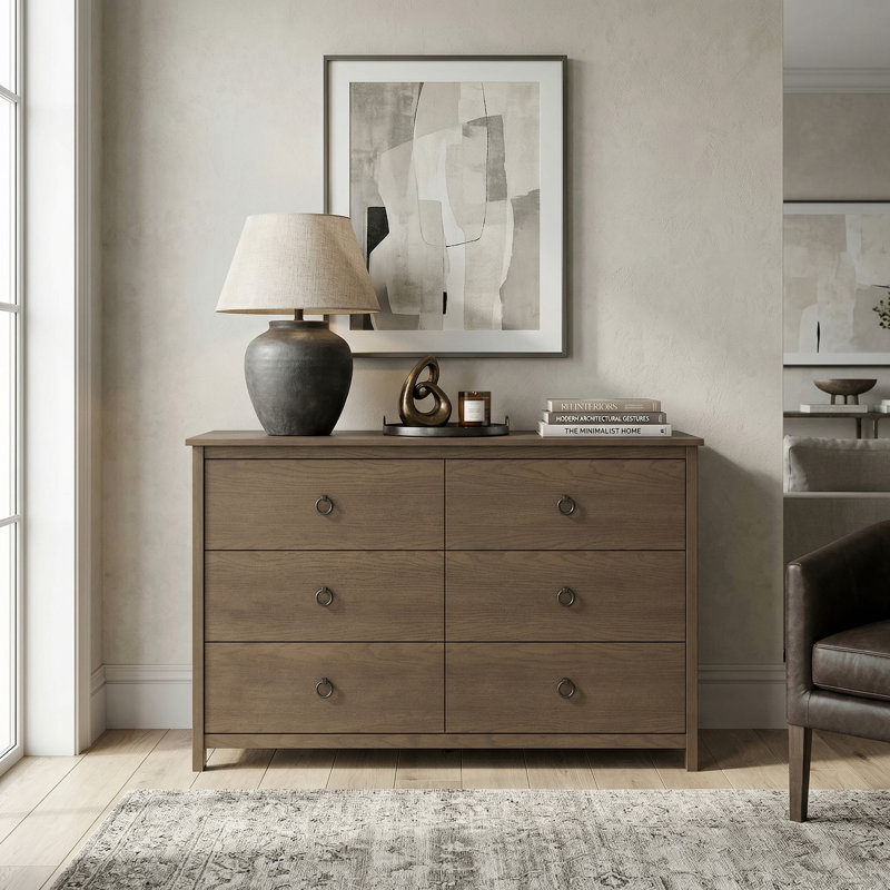 Mucci Transitional 47"W 6 Drawer Dresser, Dark Brown Oak