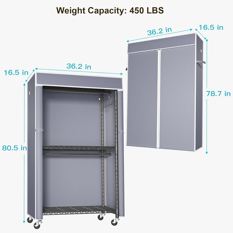 Portant 80,5 "à roulettes - Portant à vêtements 450LBS avec 3 tablettes grillagées et 2 tringles
