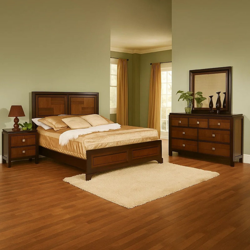 Ensemble de chambre à coucher grand lit 4 pièces Nera, tête de lit à panneau, noyer d'acacia brun noir