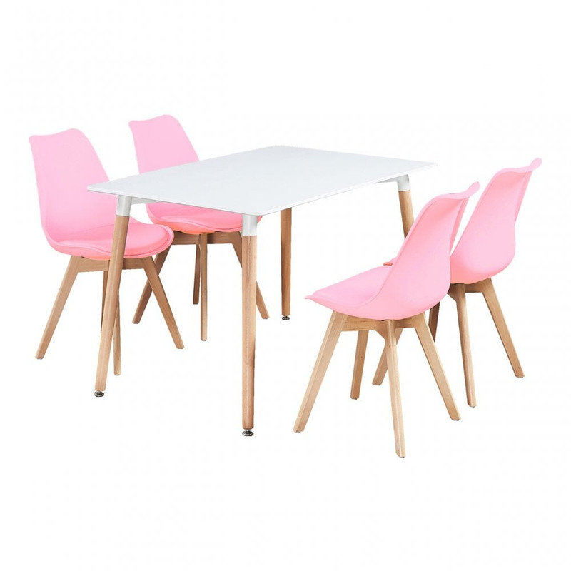 Zane 4 Person Modern Dining Table Set, White, Pink