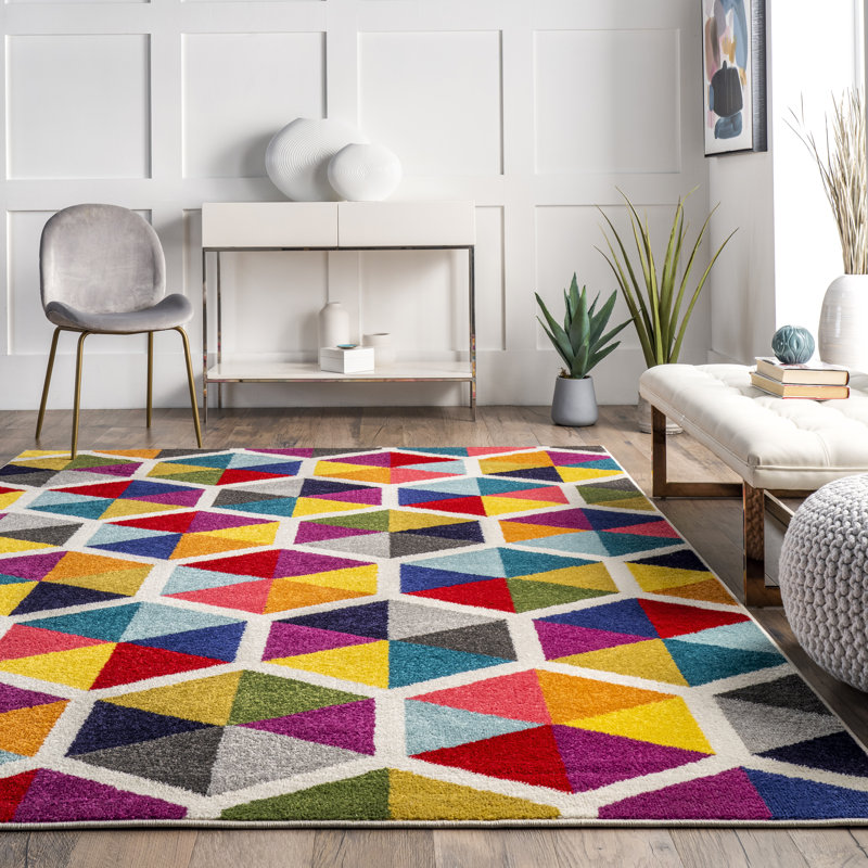 Sesto Geometric Power Loom Performance Pink/Yellow/Blue/Black Rug, Rectangle 5' x 8'