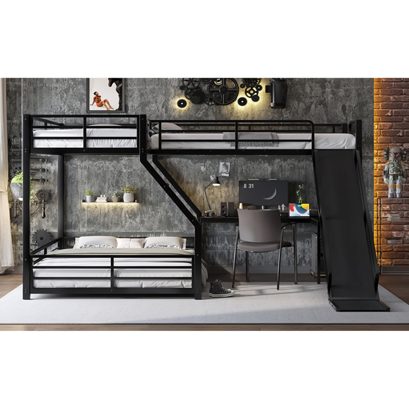 Lit superposé simple au-dessus de grand lit en forme de L avec lit mezzanine simple, lit superposé triple en métal avec glissière et ports USB, conception peu encombrante et silencieuse