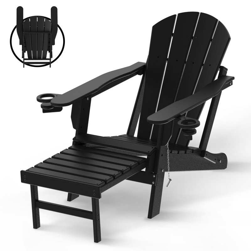 Cait Foldable Outdoor Adirondack Chair With Ottoman, Black