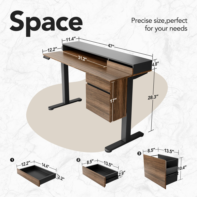 Electric Standing Desk With 3 Filing Drawers & Monitor Riser, Computer Desk For Home Office, Workspace, Walnut/Black