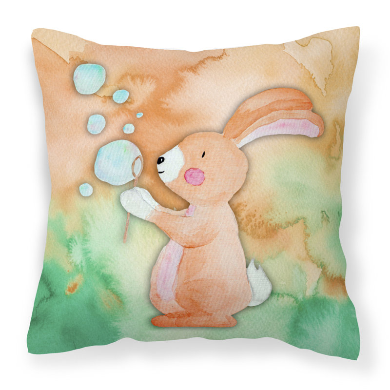 Coussin décoratif intérieur/extérieur en aquarelle de lapin et de bulles, 18 po x 18 po
