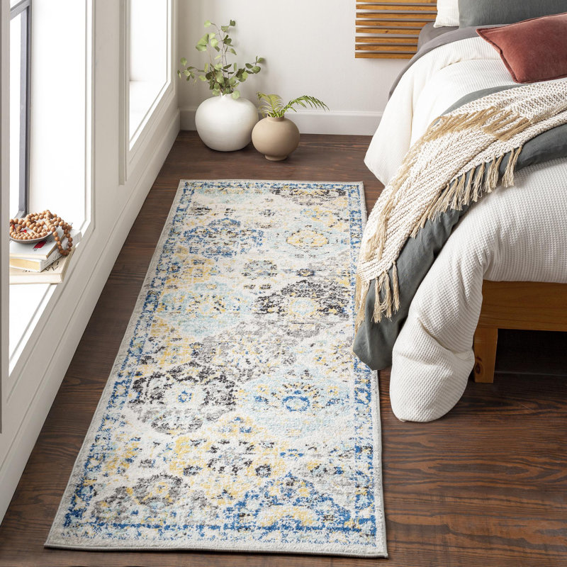 Hillsby Machine Woven Oriental Blue/Yellow/Gray Area Rug, Runner 2'7" x 7'3"