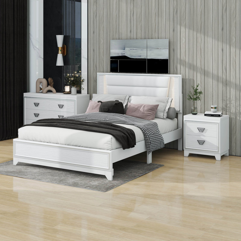 Ensemble de chambre à coucher 3 pièces avec grand lit tapissier et lumières DEL, Blanc