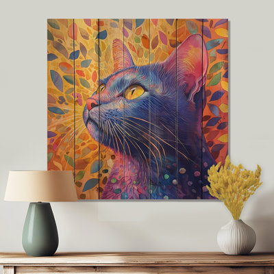 Portrait de chat Pop Art mauve et rose - Art mural moderne sur bois de pin naturel
