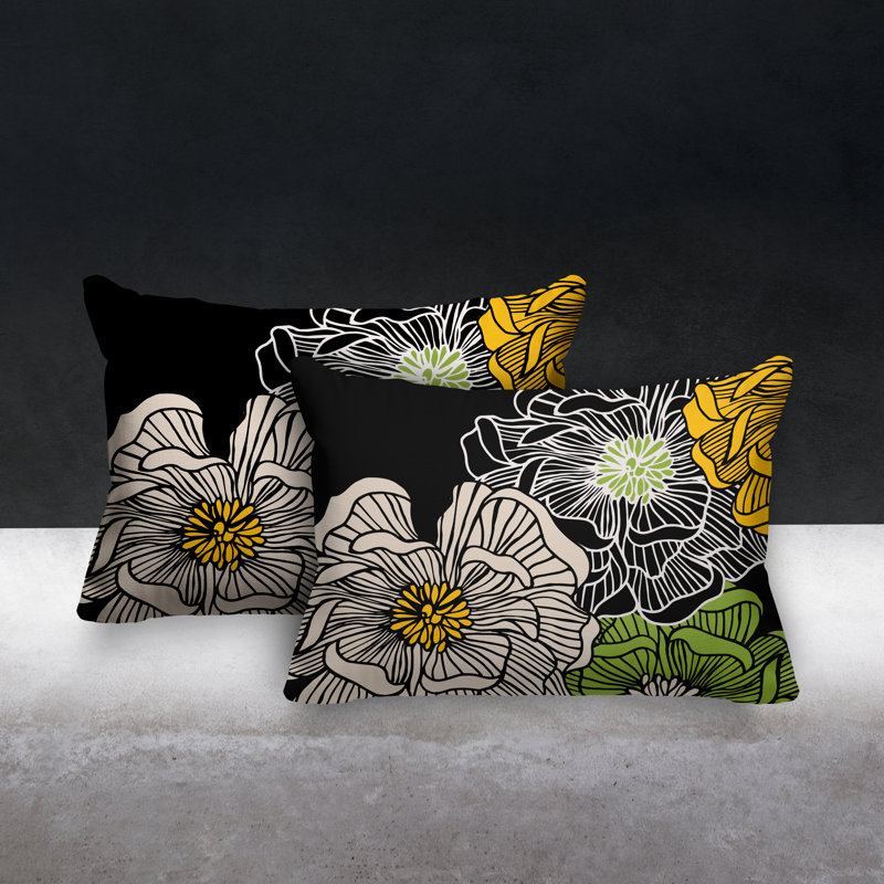 Floral Outdoor Reversible Throw Pillow, Black