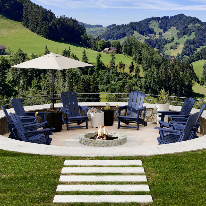 Eight in a Set Adirondack Chair with Cup Holder All-Weather Reclining Chair for Patio Deck Backyard and Poolside, Navy