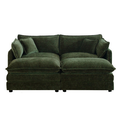 4-Piece Green Chenille Modular Sectional Sofa, Customizable 2-Seater Loveseat with Ottomans