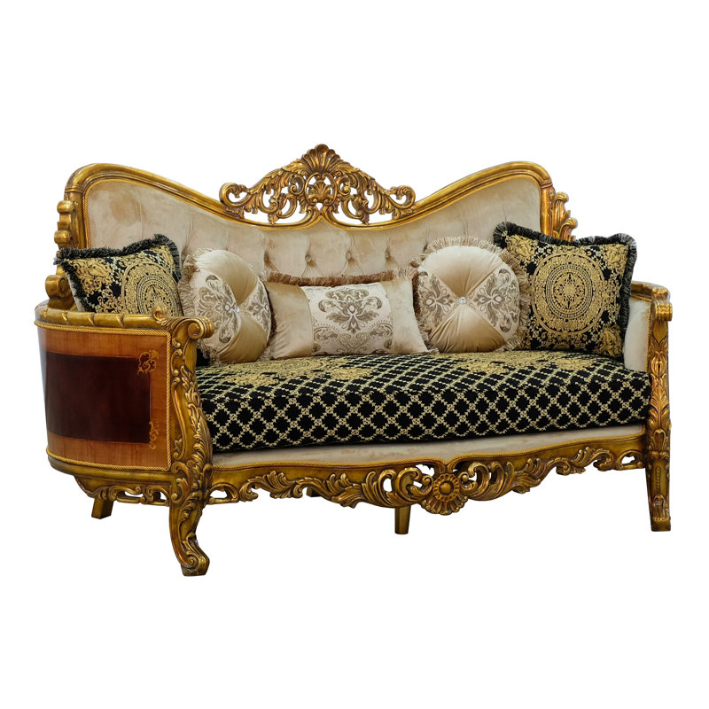 Maggiolini Upholstered 73'' Loveseat, Black, Gold & light brown, Dark Gold