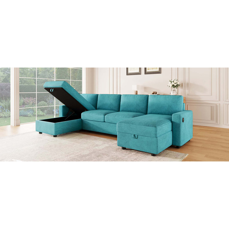 Canapé modulaire de 103,9 po avec deux chaises longues de rangement et quatre ports USB pour le salon, Polyester sarcelle