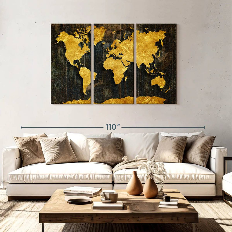 " Refined Gold World Map " by HustleBroIllustrations 3 - Pieces, 48" H x 74" W x 1.25" D