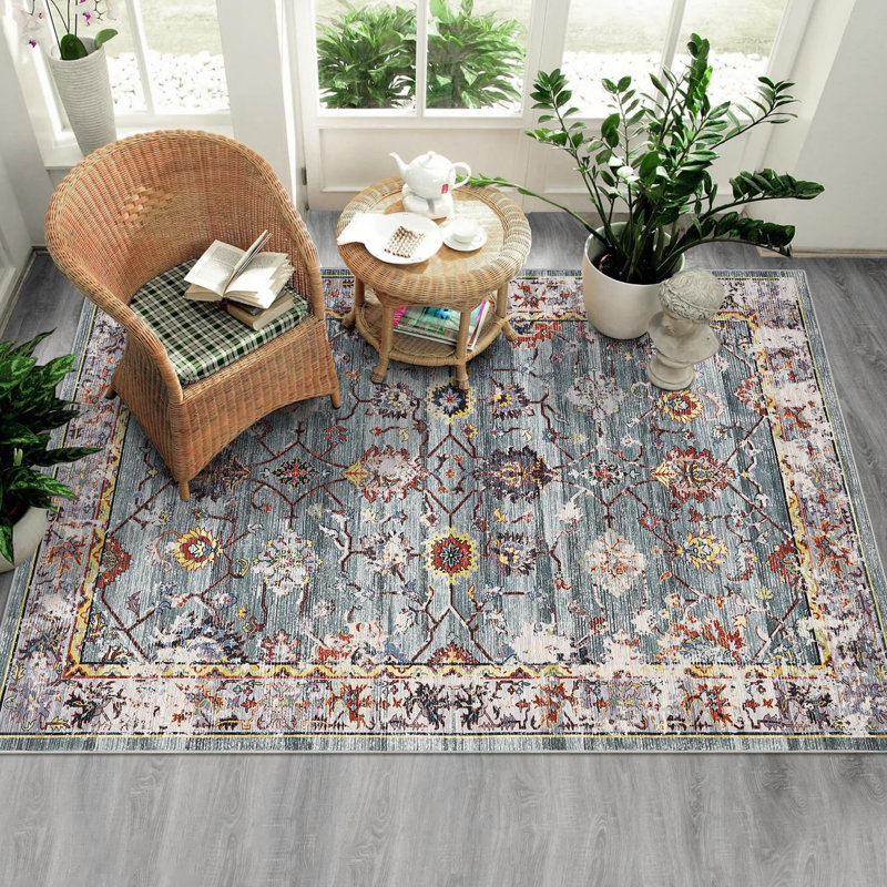 Area Rug Machine Washable Rug Distressed Carpet Stain Resistant Non-Slip Accent Rug Vintage Floral Living Room Rug Floor Cover for Dining Office Bedroom
