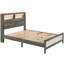 Grand lit avec tête de lit à profil bas et éclairage intégré, gris beige, tête de lit de rangement contemporaine, profil bas, bois beige, tablettes