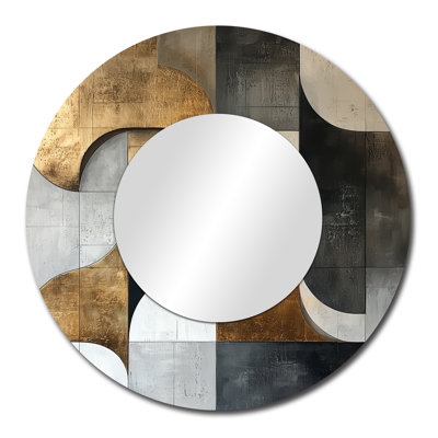 Geometric Gold Blue And Grey Pure Form I - Waves Decorative Mirror Wall Art - Printed On Metal
