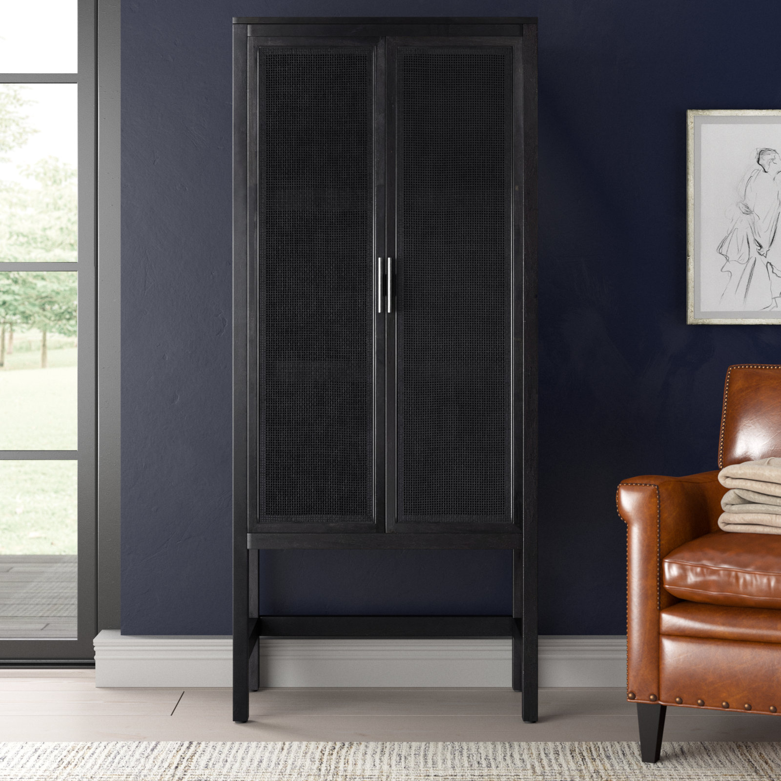 Boudreau Solid Wood Storage Cabinet, Black Wash Mango/Black Natural Cane