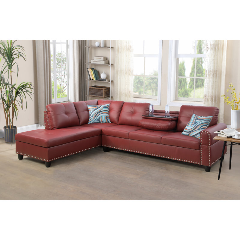 Louvenia Upholstered L-Shaped Sectional, Left Hand Facing, Burgundy Faux Leather