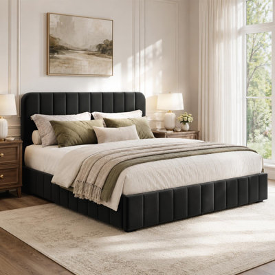 Velvet Bed Frame, Upholstered Platform Bed with Vertical Channel Tufted Adjustable Headboard, No Box Spring Needed, Easy Assembly