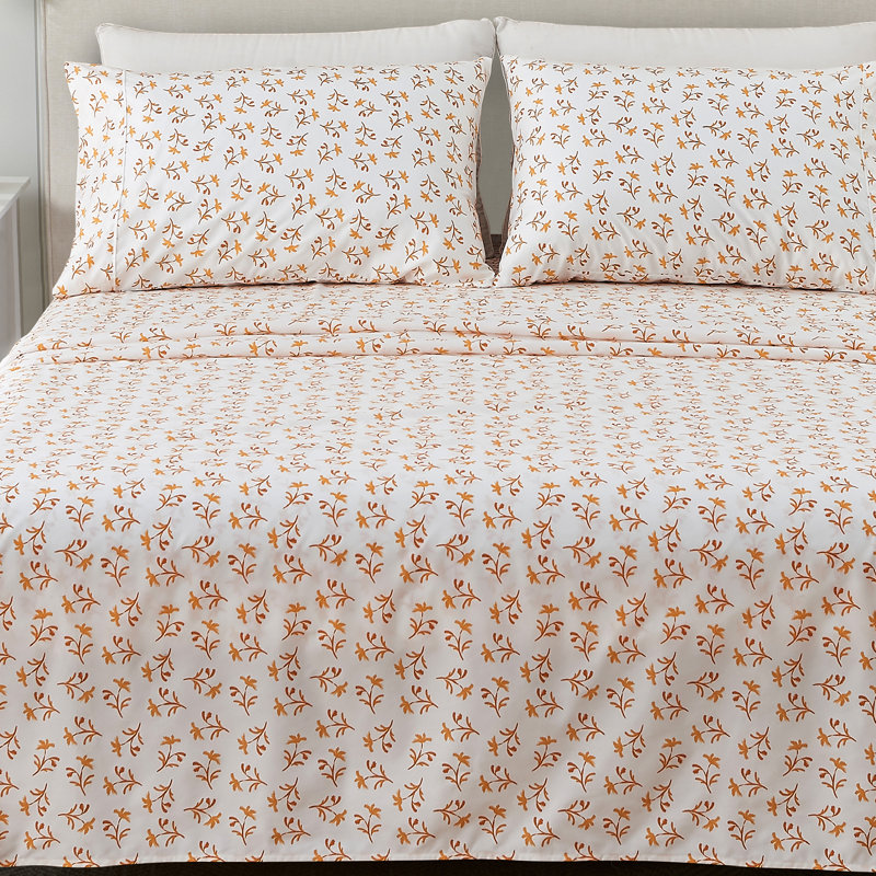 Twin Size White and Orange Floral Microfiber Sheet Set