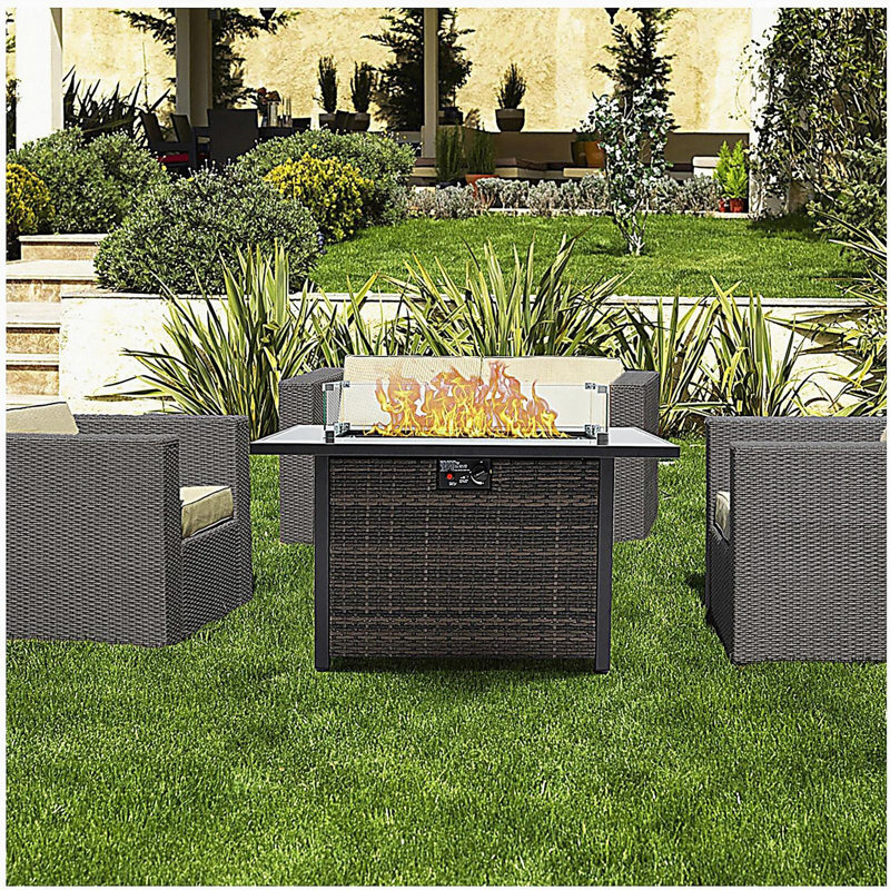 Table d'extérieur pour foyer au gaz propane 50 000 BTU avec couvercle, base de pare-brise en verre, convient au jardin, au patio, à la cour