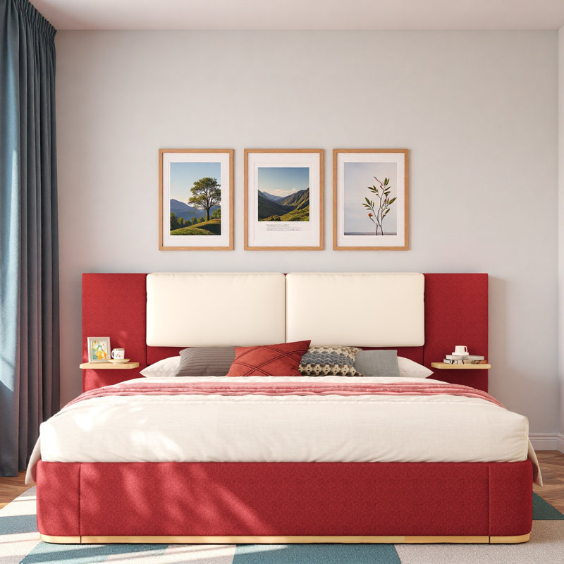 Lit plateforme tapissier avec tablettes, Grand lit, Rouge / Beige
