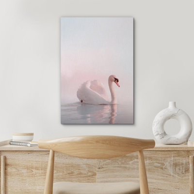 Oiseau, animaux, cygne élégant sur l'eau, coucher de soleil rose sur toile