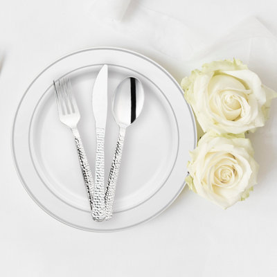 Shiny Metallic Silver Hammered Plastic Cutlery Set - 1000 Guests