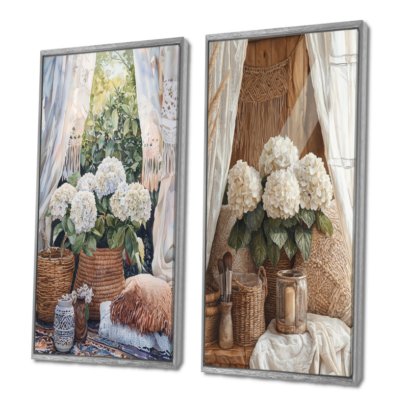 Boho hortensias par la tente Boho I - impressions sur toile florales 2 panneaux, H 40 po x l 41 po, Encadrement argenté