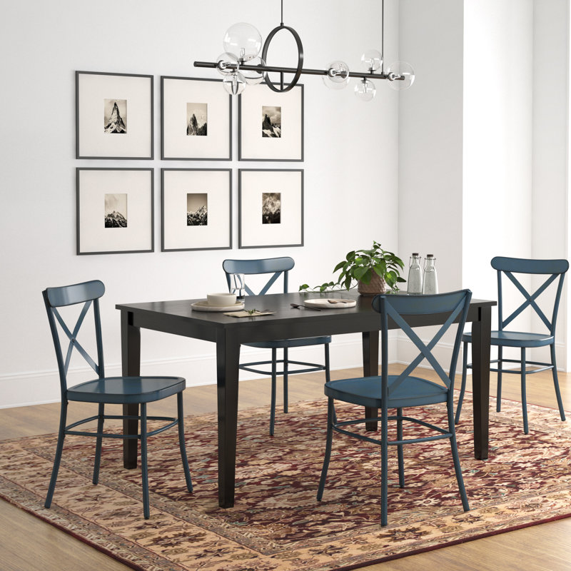 Deshandra 60" Finish Dining Set - 5-Piece, Black Dining Table And X-Cross Metal Chairs, Antique Denim