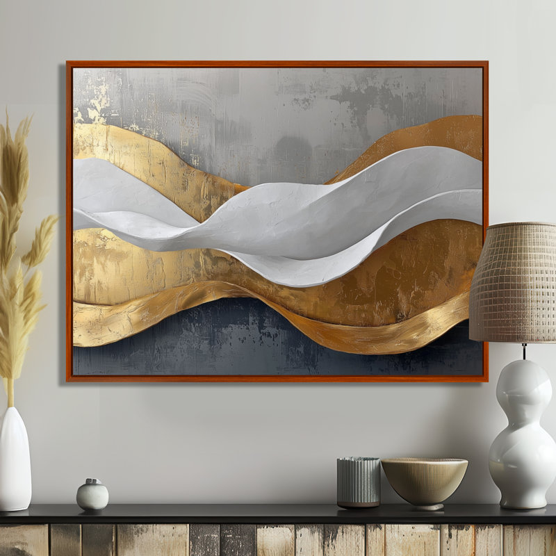 Ognen, bosquet abstrait d'introspection en or et blanc IV - art abstrait de vagues modernes, Brun, Cadre flottant