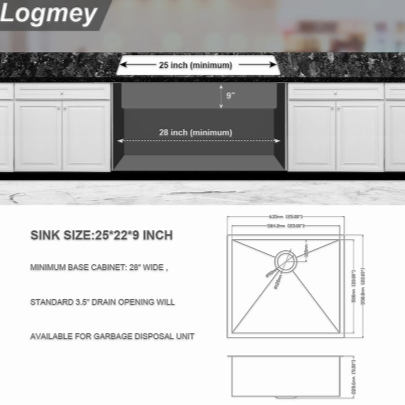 Évier de cuisine encastrable 25 po - Évier de cuisine encastrable 25 po x 22 po x 9 po en acier inoxydable calibre 18