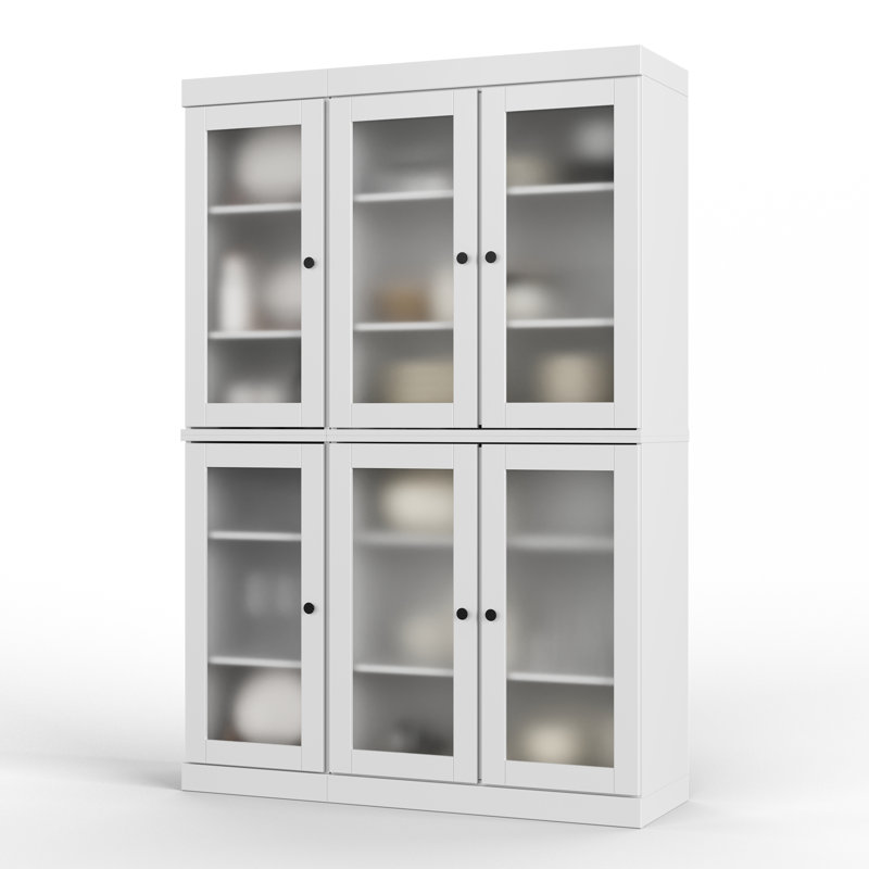 Vaisselier 100% bois massif 48,5 po avec portes en verre givré et tablettes réglables, Blanc