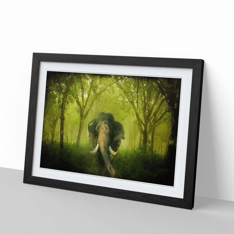 Marvellous Elephant in a Green Forest in Abstract - Framed Print, 40cm H x 60cm W x 2cm D, Black