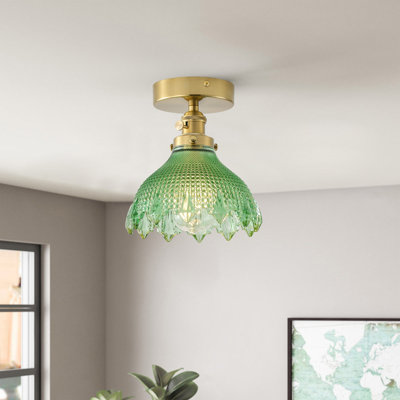 1-Light E26 Flush Mount, Polished Brass & Green Glass, Dimmable Metal Fixture, ETL Listed