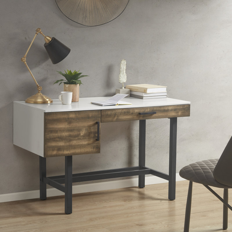 White and Brown Wood Writing Desk with Black Metal Legs and Drawer