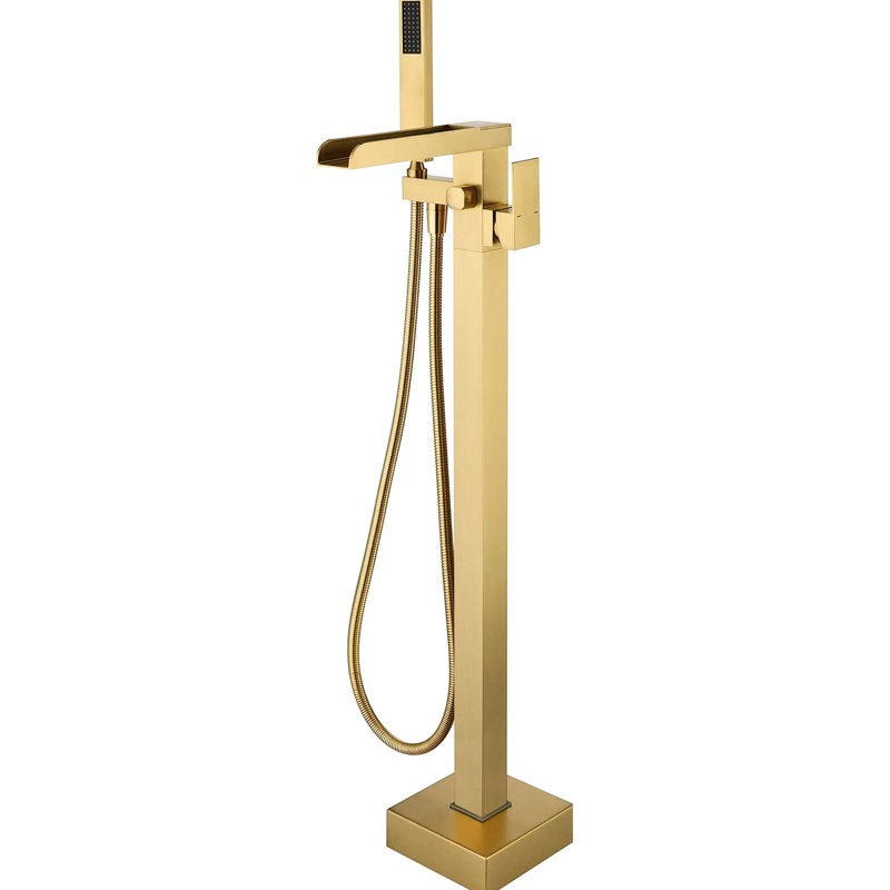 Robinet de baignoire pour salle de bain en or brossé - Fixation au sol avec bec cascade et douche à main pour une utilisation pratique à long terme
