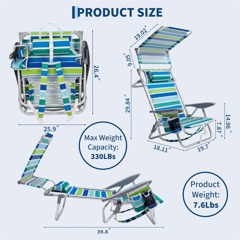 Chaise de plage à 4 positions avec auvent réglable pour parasol, chaise pliante inclinable à plat avec coussin, pochette de rangement pour la plage, le camping et l'extérieur