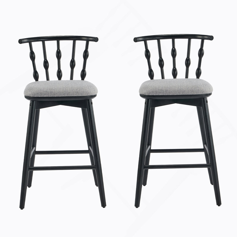 Tabouret de bar d'intérieur en bois, finition noire avec revêtement gris, ensemble de 2, Siège gris / cadre noir