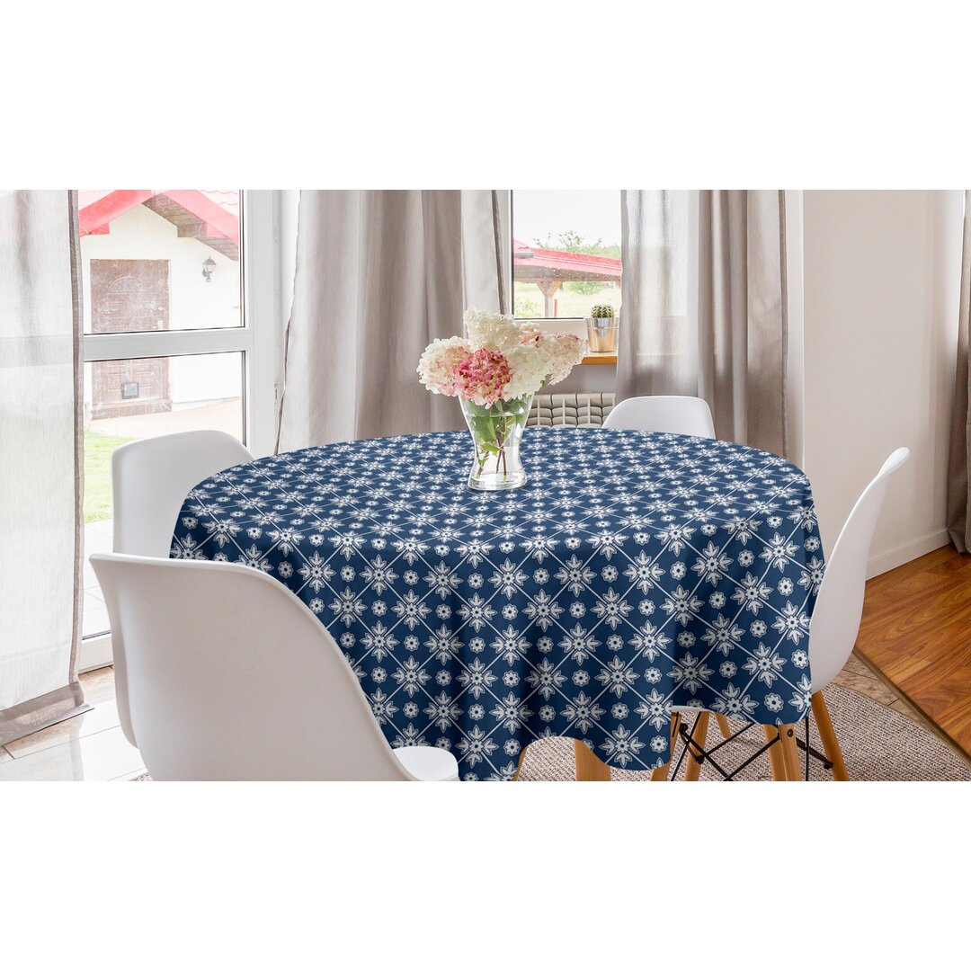 Runde Tischdecke, Checkered Folkloric Floral, Blau, Blau Weiss