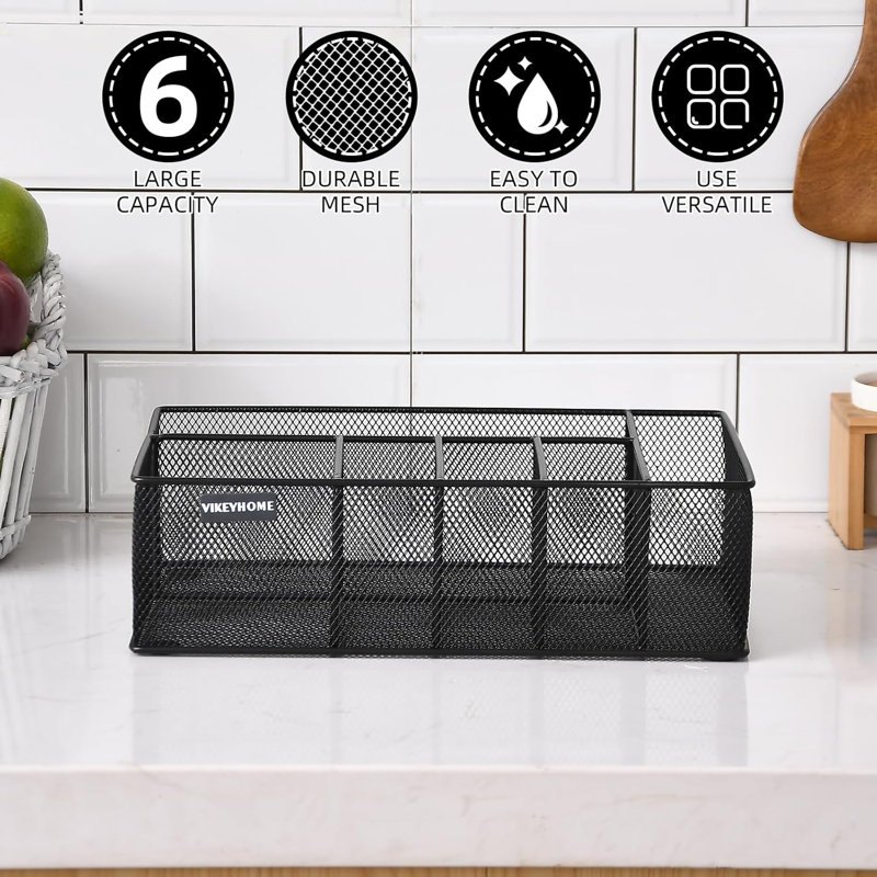 Black Metal Silverware Caddy with 6 Compartments