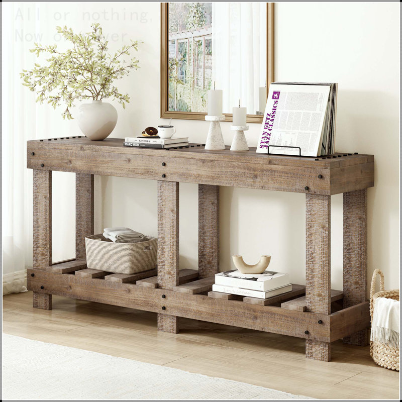 Vintage Entryway Table with Solid Cedar Wood and Metal Rivets, Natural