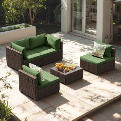 5-Piece Wicker Patio Conversation Sets with Coffee Table and Cushions, Green