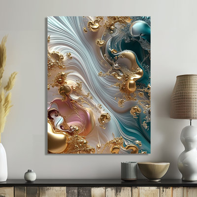 Liquide, ruisseaux, coucher de soleil, rose, turquoise, or - vagues modernes abstraites, art mural