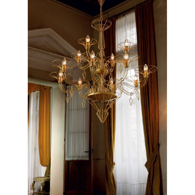 Dedalo 12 - Light Chandelier, Satin Gold