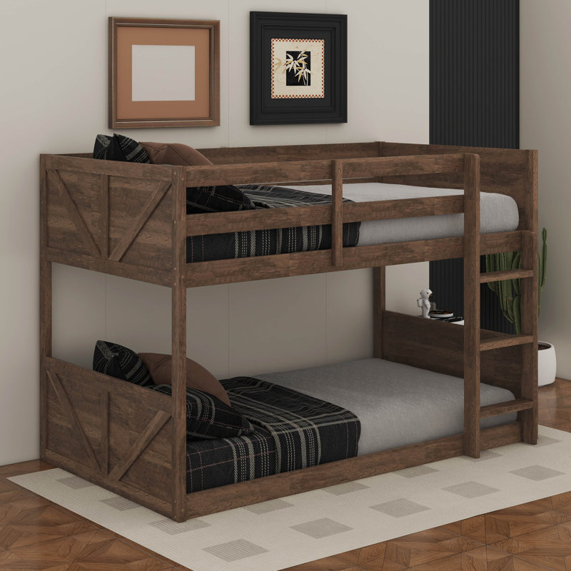 Twin Over Twin Floor Bunk Bed With Panelled Headboard And Footboard, Antique Oak