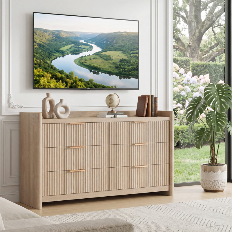Commode de chambre à coucher à cannelures modernes de 55,1 po de largeur à 55 tiroirs, commode en bois de chêne naturel avec poignées en métal
